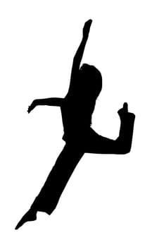 The image depicts a silhouette of a person energetically jumping high up in the air, creating a dynamic and joyful representation