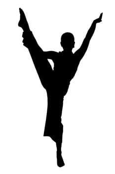 A striking silhouette of an individual gracefully positioned on one leg, with their arms elegantly outstretched in a captivating pose