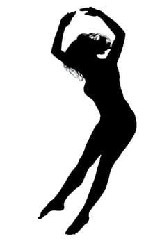 A graceful silhouette of a woman elegantly dancing on a stark white background, capturing the essence of movement and artistry