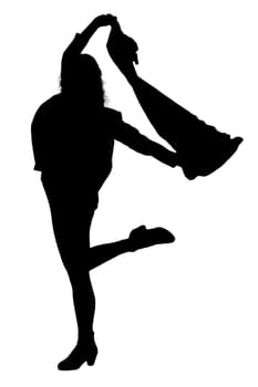 The striking silhouette of a graceful woman standing elegantly on one leg while skillfully holding a flowing scarf in her hand