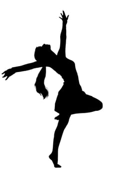 A beautiful silhouette of a woman gracefully dancing with her arms outstretched against a clean, bright white background