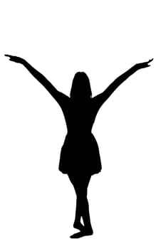 A striking silhouette of a woman with her arms outstretched towards the sky, embodying a sense of freedom and joy in a natural setting