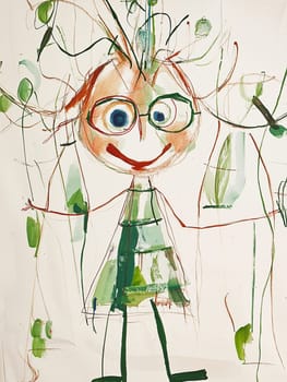 Childlike illustration featuring a whimsical girl with big round glasses and flowers in her hair, smiling and enjoying life