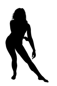 A beautiful silhouette of a woman gracefully dancing against a pristine white background that draws the eye immediately to her movement