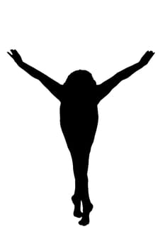 A beautiful silhouette of a woman standing gracefully with her arms outstretched wide open on a pure white background, creating an elegant contrast