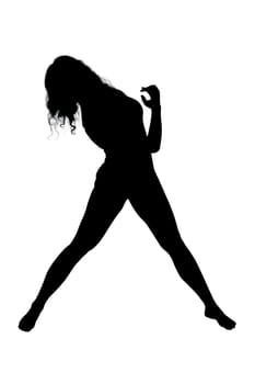 The elegant silhouette of a graceful woman dancing in motion against a clean, bright white background, creating a striking visual contrast