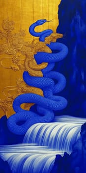 Illustration of a blue snake emerging from a golden tree and crawling over a waterfall, blending fantasy and nature elements in a vibrant composition