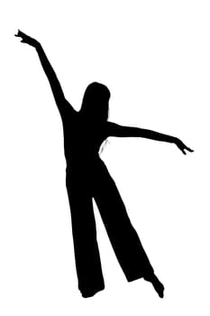 A beautifully captured silhouette of a woman joyfully jumping in the air with her arms fully outstretched, embodying a sense of freedom