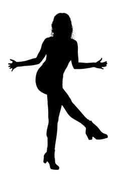 A striking silhouette of a woman gracefully standing on just one leg, with her arms fully outstretched in a beautiful pose