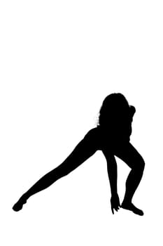In the image, there is a striking silhouette of a woman gracefully stretching her legs against a clean, white background that enhances the visual impact