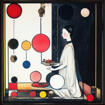 Captivating painting of a woman kneeling with fruits, abstract background. Colorful, modern design with geometric patterns. Masterpiece invites exploration