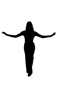 A beautiful silhouette of a woman standing confidently with her arms outstretched, embracing the world around her and inviting joy