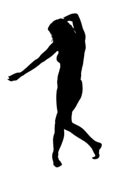 A graceful silhouette of a woman dancing elegantly against a pure white background, creating a striking visual contrast and aesthetic appeal