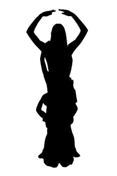 A graceful silhouette of a belly dancer poses elegantly against a pure white background, showcasing dynamic movement and expression