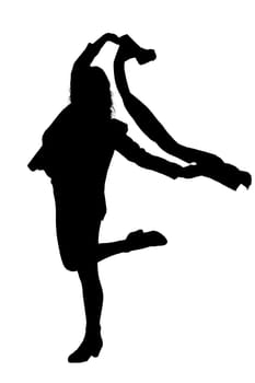 A striking silhouette of a graceful woman elegantly dancing with a beautiful scarf gently wrapped around her neck in a fluid motion
