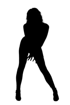 A distinct silhouette of a woman positioned on her knees against a clean white background that highlights her form and posture clearly