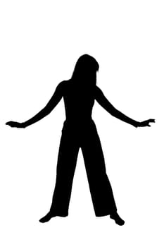 A striking silhouette of a woman elegantly standing with her arms outstretched wide in a beautiful pose against a scenic backdrop