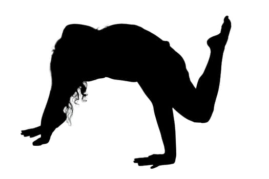 A striking silhouette of a woman performing a handstand gracefully against a clean, white background that enhances her form