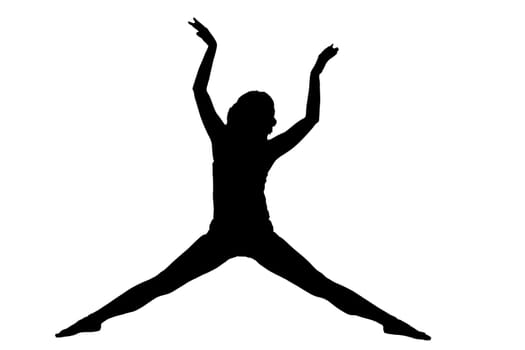 A striking silhouette of a woman elegantly performing a split with both of her arms raised high in the air, showcasing her graceful form