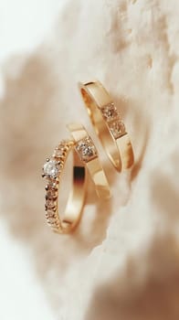 Two simple gold wedding rings are laying on white cloth, ready for the couple to exchange during their wedding ceremony