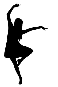 A captivating silhouette of a graceful woman dancing joyfully against a pristine white background, creating a beautiful visual contrast