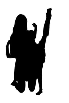 A beautiful silhouette of a woman gracefully kneeling down with a joyful child resting comfortably on her shoulders, creating a heartwarming scene