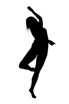 A striking silhouette of a woman elegantly dancing against a pure white background, showcasing the beauty of movement and form