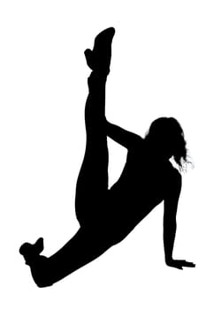 A graceful silhouette of a woman delicately stretching her legs against a minimalistic white background, creating a serene atmosphere