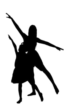 A beautifully crafted silhouette of two girls gracefully dancing together against a pristine white background that enhances their movement