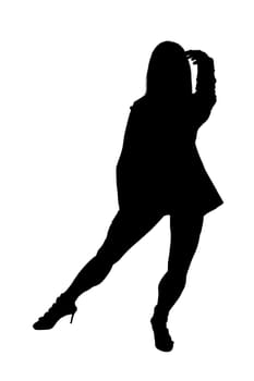 A striking silhouette of a woman gracefully balancing while standing on one leg against a clean, white background that enhances her form