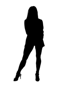 A striking silhouette of a woman elegantly standing against a clean, white background, emphasizing her graceful form and posture