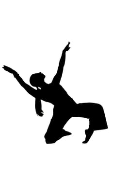 A beautiful silhouette of a woman kneeling down gracefully with her arms outstretched upwards toward the sky in an inviting gesture