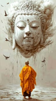 Buddhist monk wearing an orange kasaya walking on a stone surface towards a giant buddha head