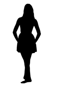 A striking silhouette of a woman gracefully standing on one leg against a clean, white background that emphasizes her form and posture