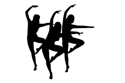 In the foreground, a captivating silhouette of three graceful women is dancing joyfully against a pure white background, creating a striking visual contrast