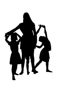 A distinctive silhouette of a woman along with two cheerful children standing closely next to one another, engaging in a joyful moment