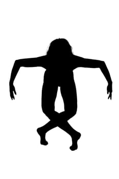 An artistic silhouette of a monkey, featuring its arms and legs crossed gracefully against a crisp white background that accentuates its shape