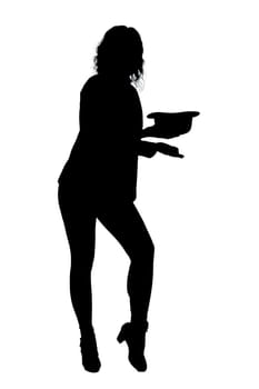A graceful silhouette of a woman elegantly holding a tray against a pristine white background, creating a striking visual contrast