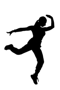 A beautiful silhouette of a person joyfully dancing against a perfectly white background that emphasizes their graceful movement