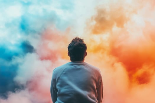 A man gazes at a vivid, colorful sky filled with clouds. The scene evokes feelings of serenity, reflection, and awe as vibrant colors blend in the atmosphere.
