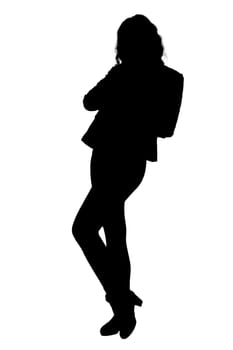 A striking silhouette of a woman gracefully standing with her arms crossed on a clean white background, creating a captivating visual contrast