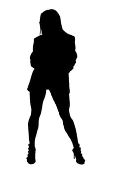 An elegant silhouette of a woman is depicted standing confidently with her arms crossed against a clean, stark white background