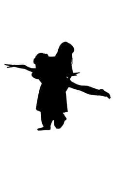 A striking silhouette of a woman gracefully carrying a child on her back, showcasing a tender moment of love and care