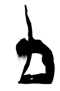 A beautiful silhouette of a woman gracefully performing a yoga pose against a clean white background that enhances her form and movement