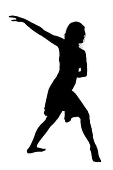 A striking silhouette of a graceful woman joyfully dancing against a stark white background, creating a captivating visual contrast