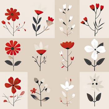 A vibrant arrangement of flowers in modern art style showcases a variety of red and white blooms against a soft beige backdrop, creating an appealing decorative display.
