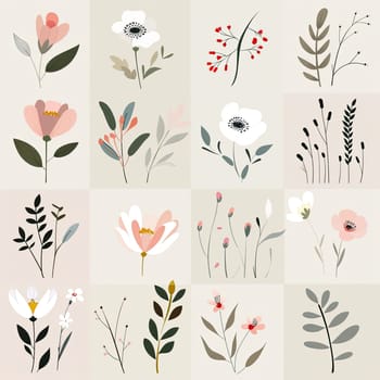 Different hand-drawn flowers and botanical elements are arranged in a grid layout on a neutral background, highlighting nature's variety and charm.