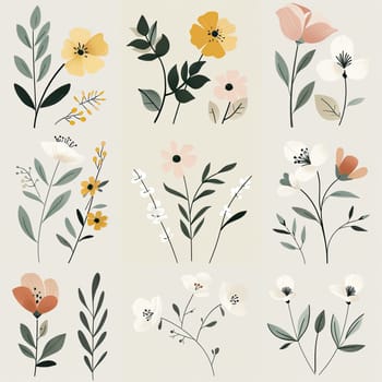 A collection of artistic floral designs featuring a variety of blossoms and foliage in soft colors, arranged neatly on a light backdrop, perfect for decoration.