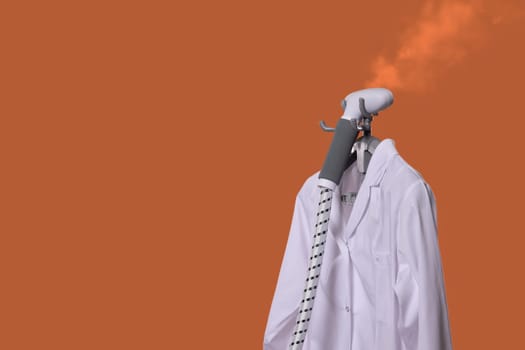 A steam iron emits visible steam with a garment hanging in the background against a vibrant orange backdrop
