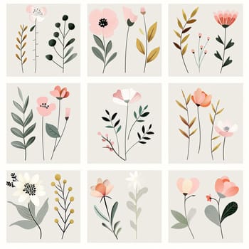 A vibrant collection of floral illustrations showcases diverse flower and leaf designs arranged in a nine-panel layout, ideal for artistic or decorative use.